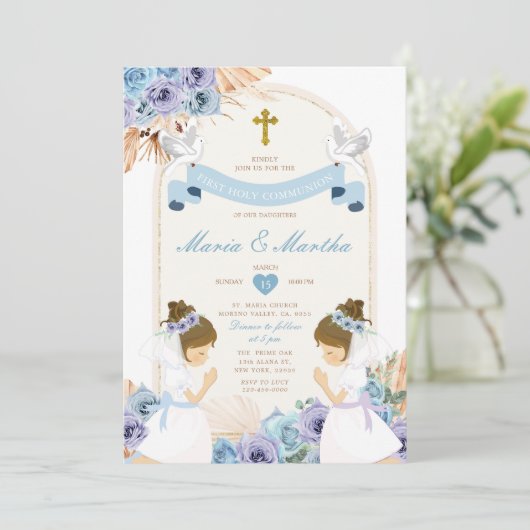 TWIN Meisje Bidden Eerste Heilige Communie Blauwe  Kaart (Staand voorkant)