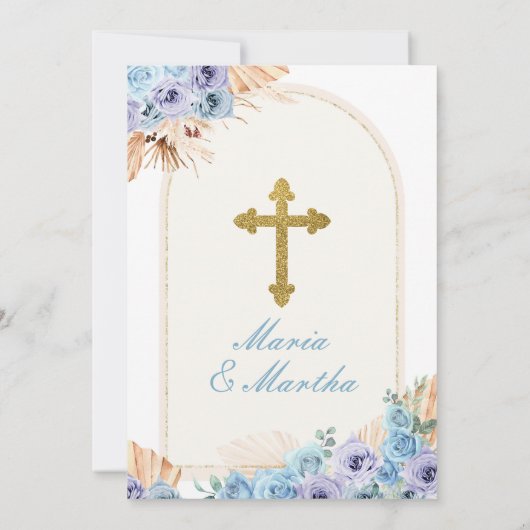 TWIN Meisje Bidden Eerste Heilige Communie Blauwe  Kaart (Achterkant)