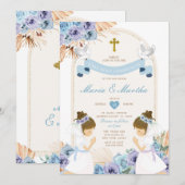 TWIN Meisje Bidden Eerste Heilige Communie Blauwe  Kaart (Voorkant / Achterkant)