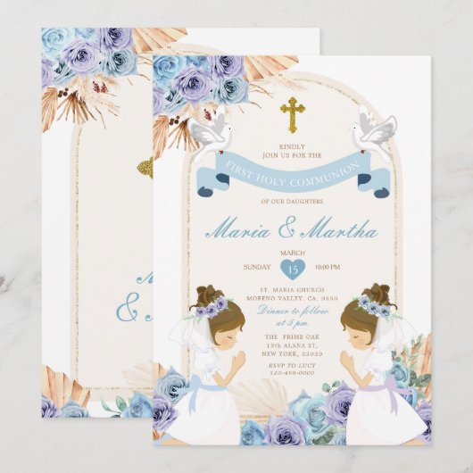 TWIN Meisje Bidden Eerste Heilige Communie Blauwe  Kaart (Voorkant / Achterkant)