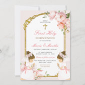 TWIN Meisje Bidden Eerste Heilige Communie Roze Bl Kaart (Voorkant)