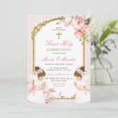 TWIN Meisje Bidden Eerste Heilige Communie Roze Bl Kaart (Staand voorkant)