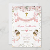 TWIN Meisje Bidden Eerste Heilige Communie Roze Bl Kaart (Voorkant)