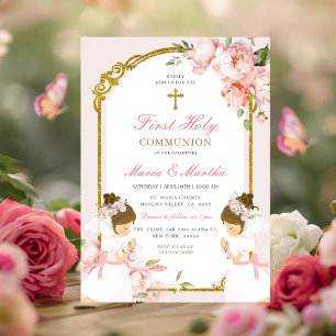 TWIN Meisje dat bidt Eerste Heilige Communie Roze Kaart