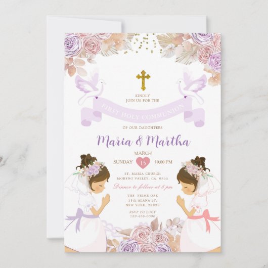 TWIN Meisje Eerste Heilige Communie Paars Roze Blo Kaart (Voorkant)