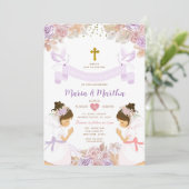 TWIN Meisje Eerste Heilige Communie Paars Roze Blo Kaart (Staand voorkant)