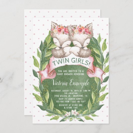 Twin Meisje Fox Baby Douche Uitnodigingen (Voorkant / Achterkant)