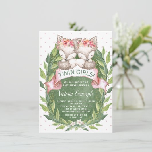 Twin Meisje Fox Baby Douche Uitnodigingen (Staand voorkant)