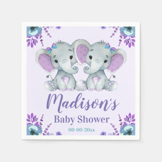 Twin Meisje Olifant Baby shower Napkins Floral Servet (Voorkant)