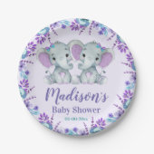 Twin Meisje Olifant Baby shower Papier Borden Bloe Papieren Bordje (Voorkant)