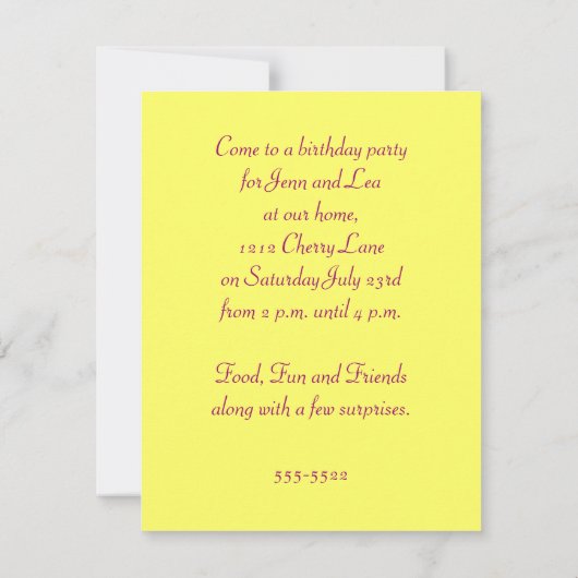 Twin Meisje Verjaardagsfeestje uitnodiging (Achterkant)