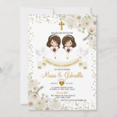 Twin Meisje Witte Bloem 1e Heilige Communie Goud Kaart (Voorkant)