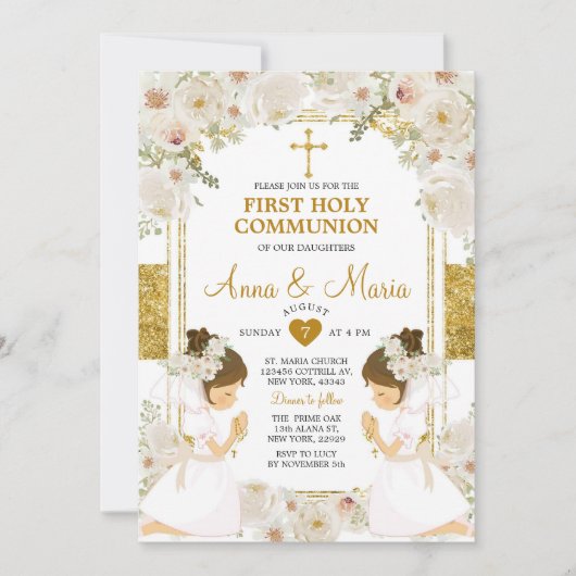 Twin Meisje Witte Bloem 1e Heilige Communie Kaart (Voorkant)