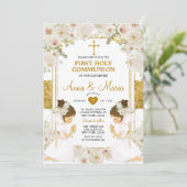 Twin Meisje Witte Bloem 1e Heilige Communie Kaart (Staand voorkant)