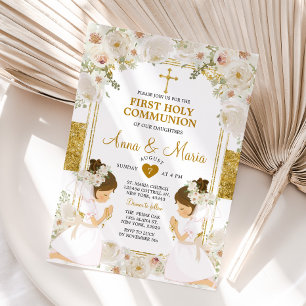 Twin Meisje Witte Bloem 1e Heilige Communie Kaart