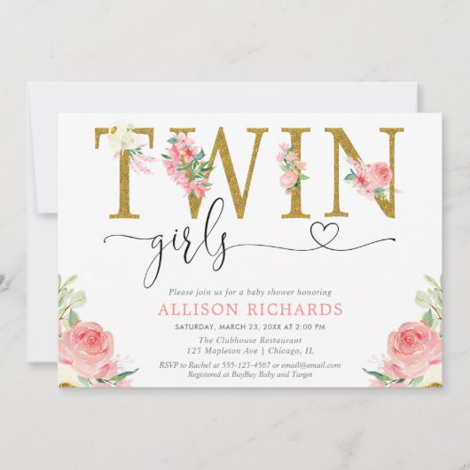 Twin meisjes blozen roze gouden bloemenmolen baby  kaart (Voorkant)