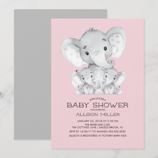 TWIN Meisjes Olifant baby shower Invitation Kaart (Voorkant / Achterkant)