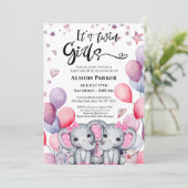 Twin meisjes olifant roze ballonnen schattig Baby  Kaart (Staand voorkant)