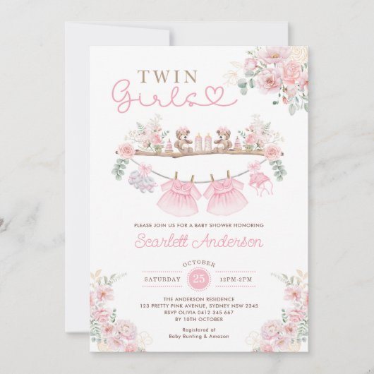 Twin Meisjes Roze Babykleding Meisje Baby shower Kaart (Voorkant)