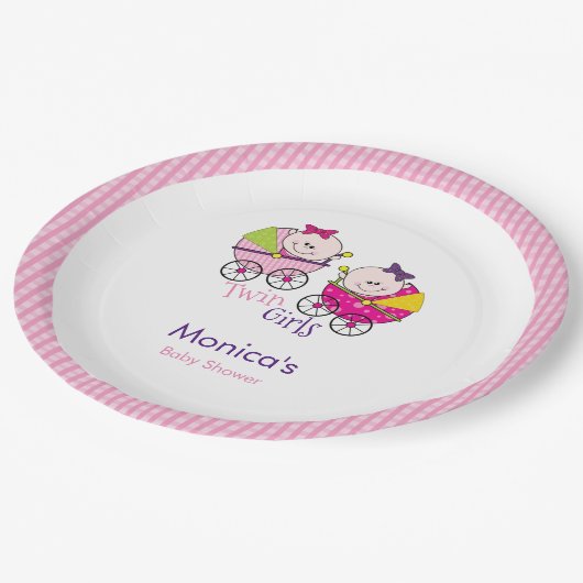 Twin Meisjes Roze Gingham Baby shower Papier Bord (Gekanteld)