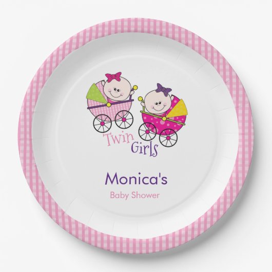 Twin Meisjes Roze Gingham Baby shower Papier Bord (Voorkant)