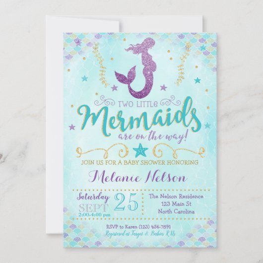 Twin Mermaid Baby shower Invitation Sprinkle Kaart (Voorkant)