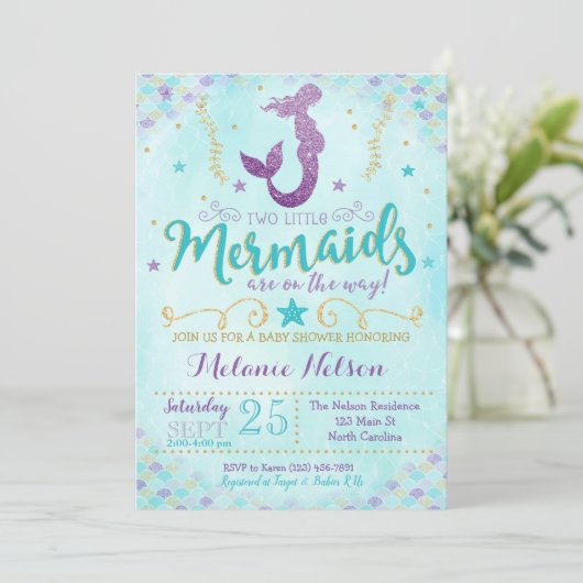Twin Mermaid Baby shower Invitation Sprinkle Kaart (Staand voorkant)