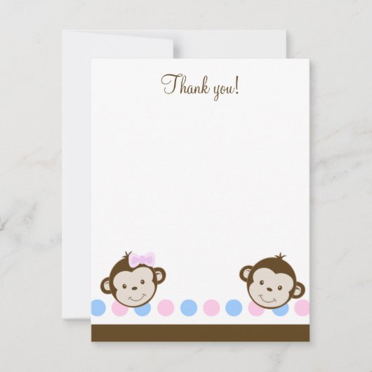 Twin Mod Monkeys boy / girl 4x5 Flat Dank je wel Notitiekaartje (Voorkant)
