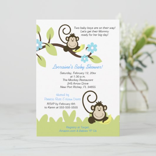Twin Monkey Baby shower Invitation (formaat 5x7) Kaart (Staand voorkant)