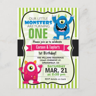 Twin Monsters Verjaardagsfeest Briefkaart Uitnodig