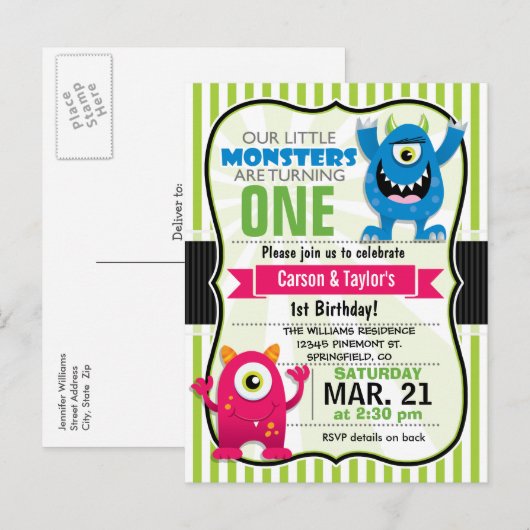 Twin Monsters Verjaardagsfeest Briefkaart Uitnodig (Voorkant / Achterkant)