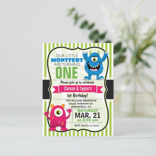 Twin Monsters Verjaardagsfeest Briefkaart Uitnodig (Staand voorkant)