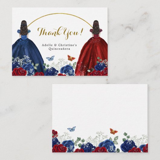 Twin Navy Blauw Rood Rose Prinsessen Quinceañera Informatiekaartje (Voorkant / Achterkant)