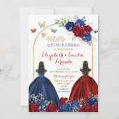 Twin Navy Blauw Rood Rose Prinsessen Quinceañera Kaart (Voorkant)
