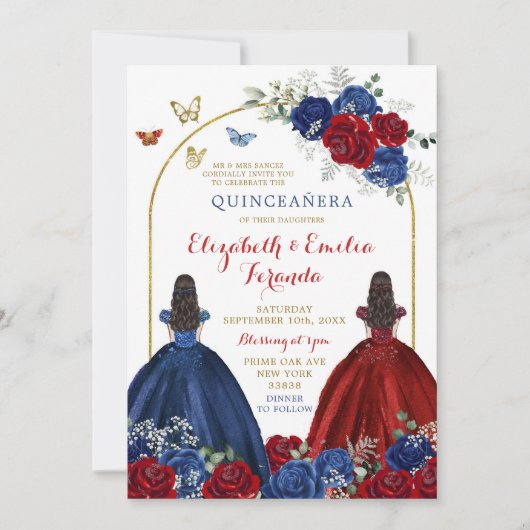 Twin Navy Blauw Rood Rose Prinsessen Quinceañera Kaart (Voorkant)