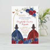 Twin Navy Blauw Rood Rose Prinsessen Quinceañera Kaart (Staand voorkant)
