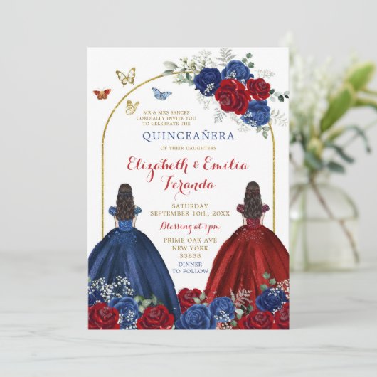 Twin Navy Blauw Rood Rose Prinsessen Quinceañera Kaart (Staand voorkant)