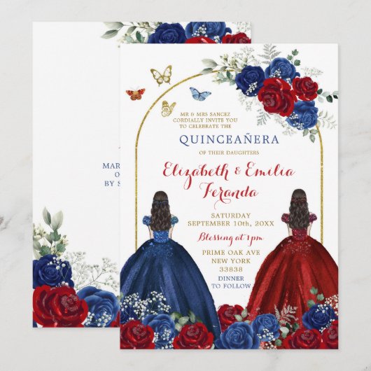Twin Navy Blauw Rood Rose Prinsessen Quinceañera Kaart (Voorkant / Achterkant)