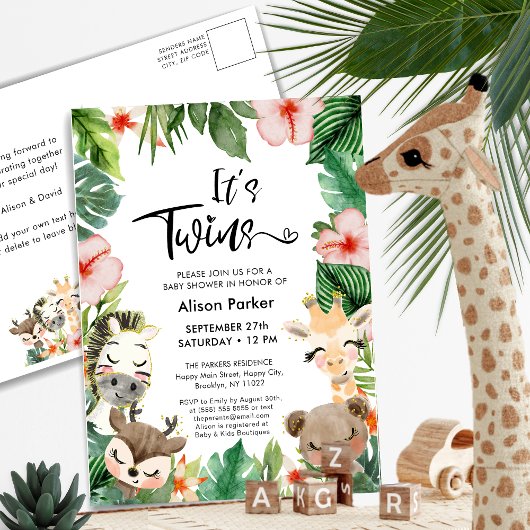 Twin Oerwoud Safari Tropisch groen Baby shower Uitnodiging Briefkaart