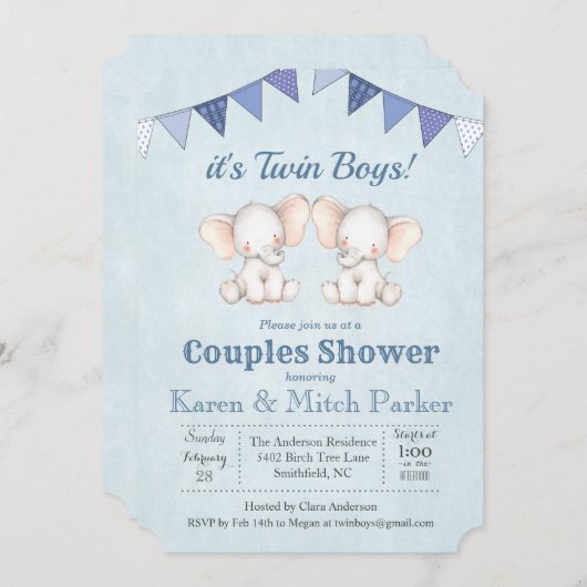 TWIN Olifant Baby shower Invitation Kaart (Voorkant / Achterkant)
