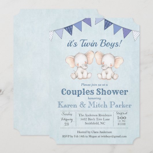TWIN Olifant Baby Shower Uitnodiging (Voorkant / Achterkant)