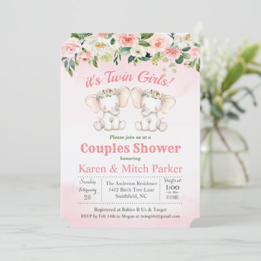 TWIN Olifant Bloemen Baby shower Uitnodiging (Staand voorkant)