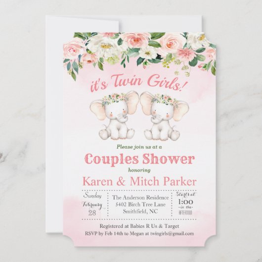 TWIN Olifant Bloemen Baby shower Uitnodiging (Voorkant)