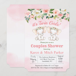 TWIN Olifant Bloemen Baby shower Uitnodiging