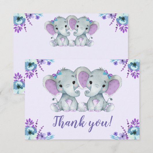 Twin Olifant Dank u kaart Rustieke Bloemen Paarse (Voorkant / Achterkant)