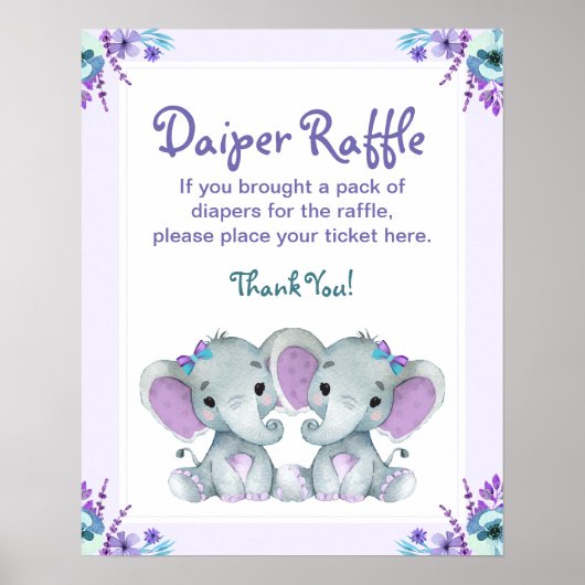 Twin Olifant Luier Raffle Baby shower Game Sign Poster (Voorkant)