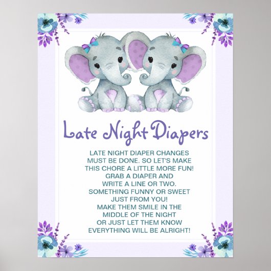 Twin Olifanten Late Night Luiers Baby shower spel Poster (Voorkant)