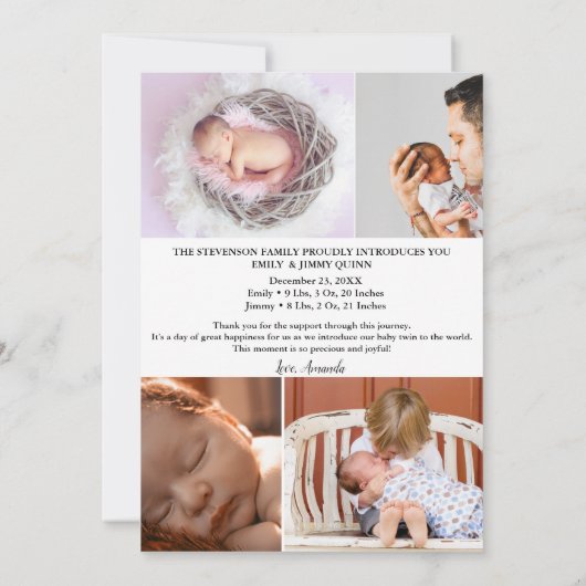 Twin Overjoyed Dank u foto geboorte Aankondiging (Achterkant)