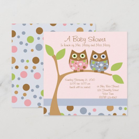 Twin Owl Baby shower Invitation Kaart (Voorkant / Achterkant)