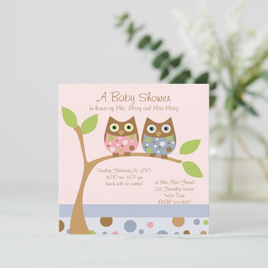 Twin Owl Baby shower Invitation Kaart (Staand voorkant)